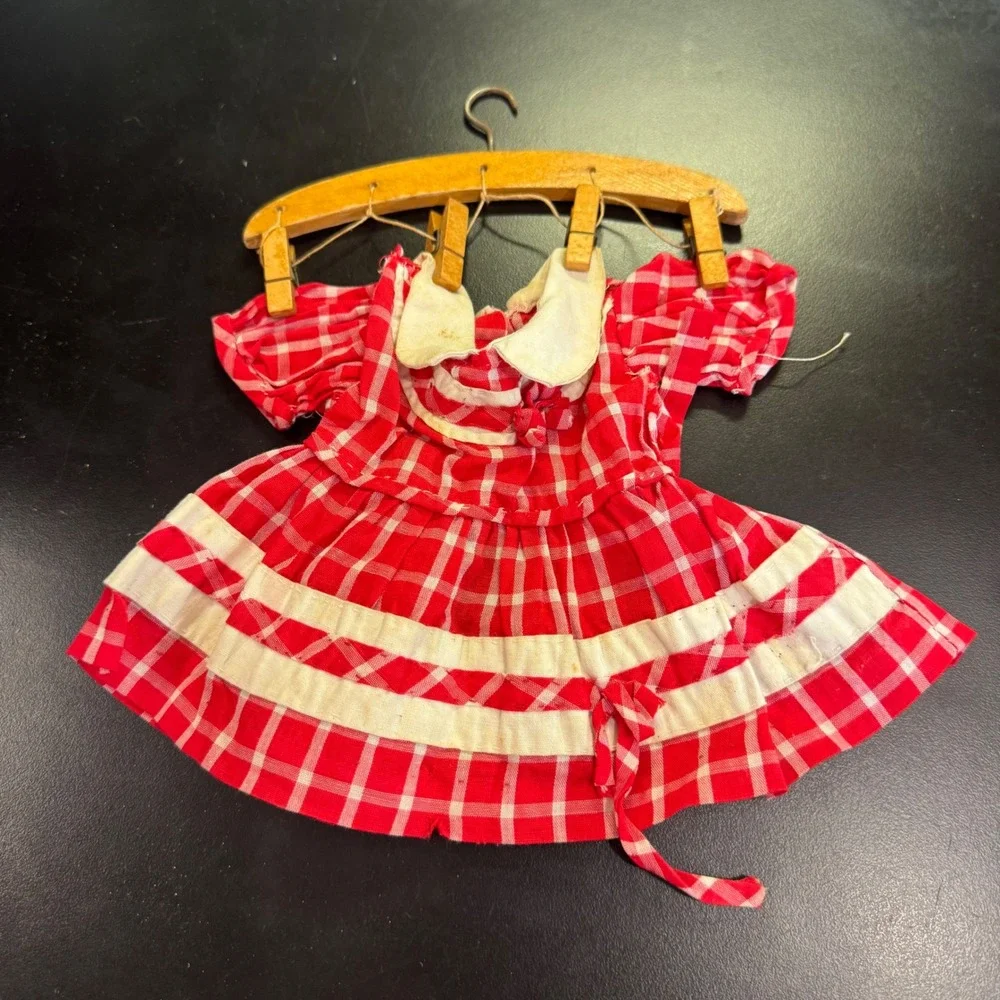 Vintage Doll Dress Red White Gingham Check Peter Pan Collar Tiny Hanger